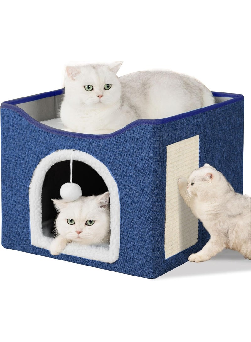 Cat Bed for Indoor Cats, Foldable Large Cat House with Mat, Multifunctional Cat Climbing Frame with Cat Scratch Board and Hanging Ball, Easy to Assemble, Pet Bed Cave - Image 1