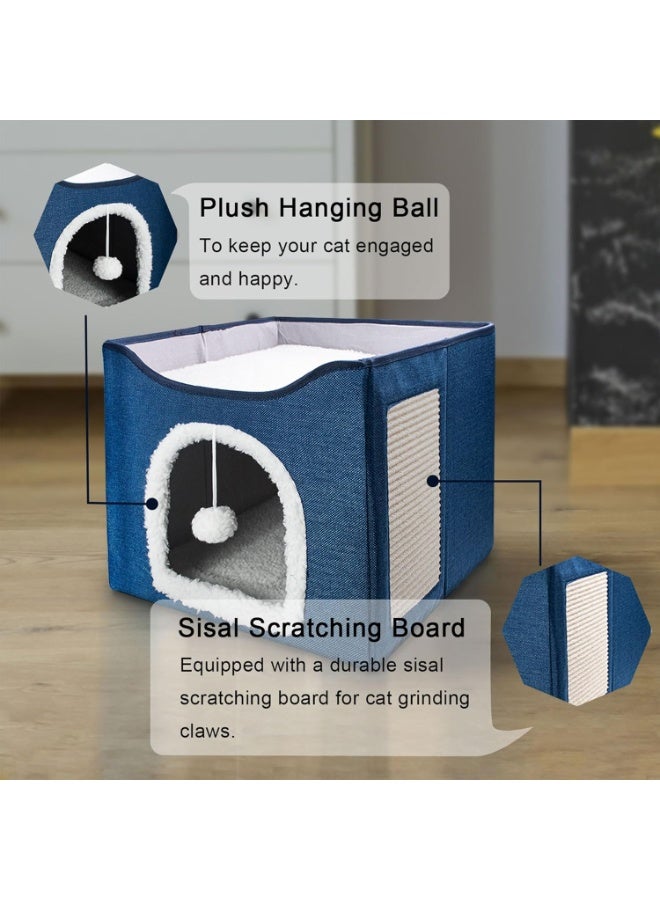 Cat Bed for Indoor Cats, Foldable Large Cat House with Mat, Multifunctional Cat Climbing Frame with Cat Scratch Board and Hanging Ball, Easy to Assemble, Pet Bed Cave - Image 2
