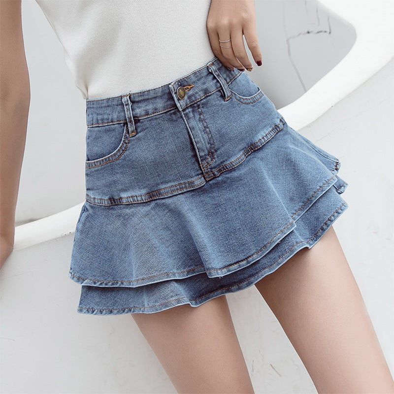 Real S Ruffled Denim Skirt Women'S 2025 Summer Skirt Pants Small Sweet Girl Slim Short Skirt - Image 1