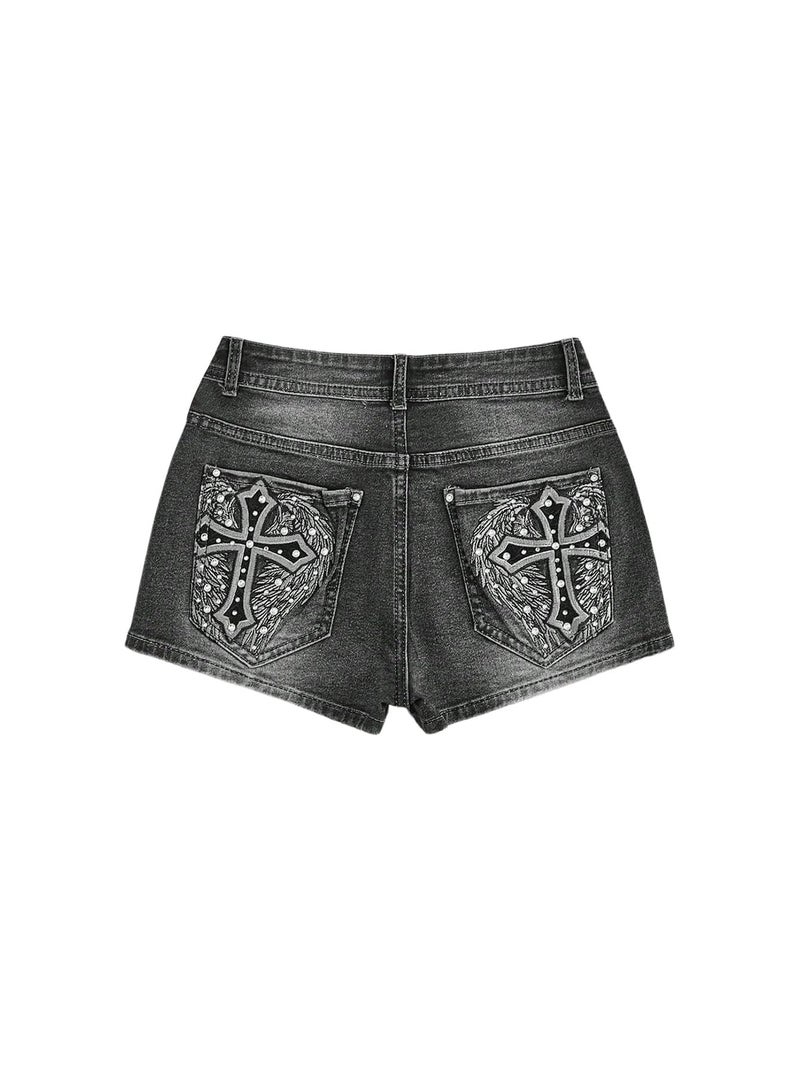 WDIRARA Women's Cross Embroidery Rhinestone Denim Shorts Y2k Grunge Punk Jean Shorts - Image 1