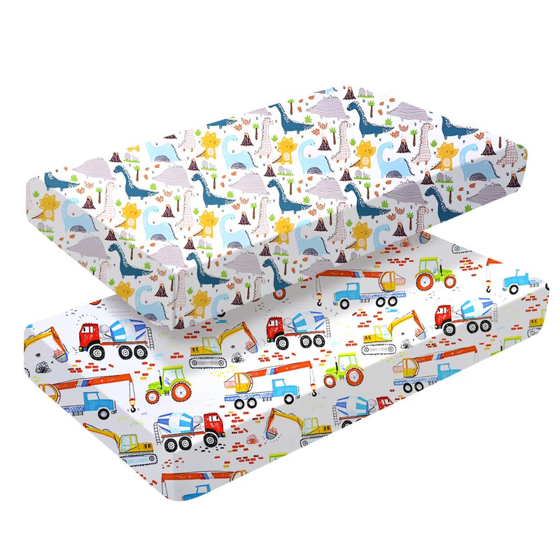 Baby Amabc شراشف سرير الأطفال Baby Amabc 2 x 120 x 60 سم | ملابس سرير للأطفال | قطن ناعم وقابل للتنفس لمراتب الأطفال، نمط فريد من السيارات والديناصورات - Image 1