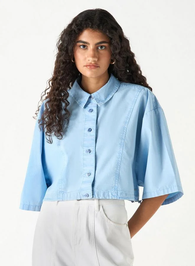 Lee Cooper Lee Cooper Crop Cotton Shirt with 3/4 Sleeves and Drawstring Detail