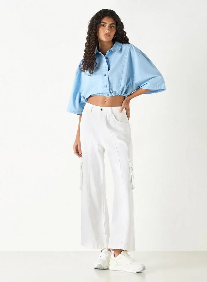 Lee Cooper Lee Cooper Crop Cotton Shirt with 3/4 Sleeves and Drawstring Detail