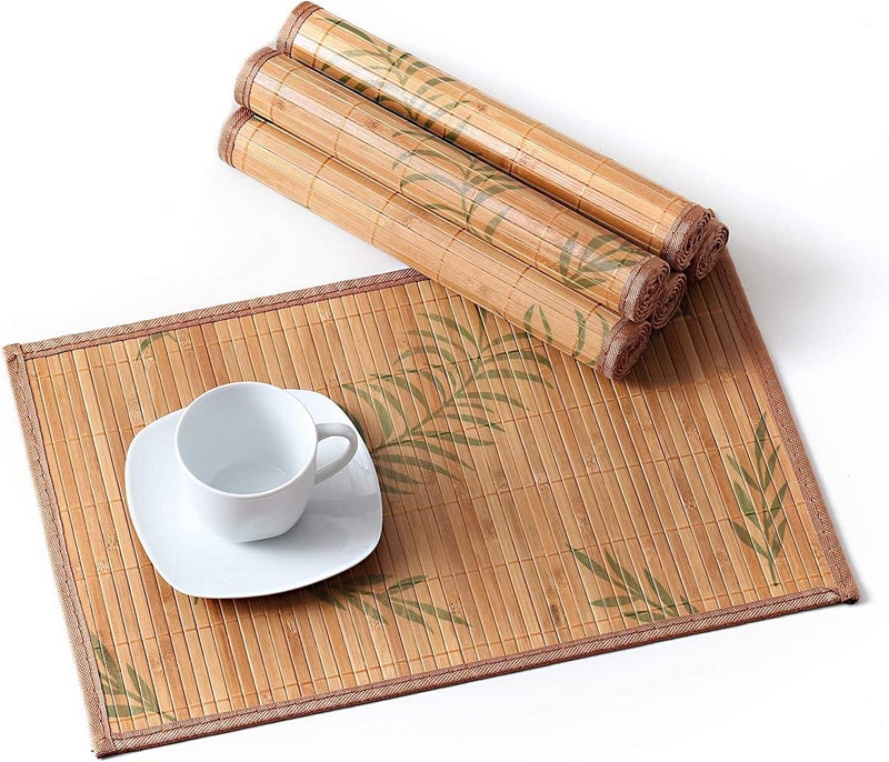 LOVECASA Placemats Set of 6 Bamboo Table Mats Set with Leaf Pattern 18  12 Woven Placemat Washable HeatResistant Place Mats for Kitchen Brown Leaf - Image 1
