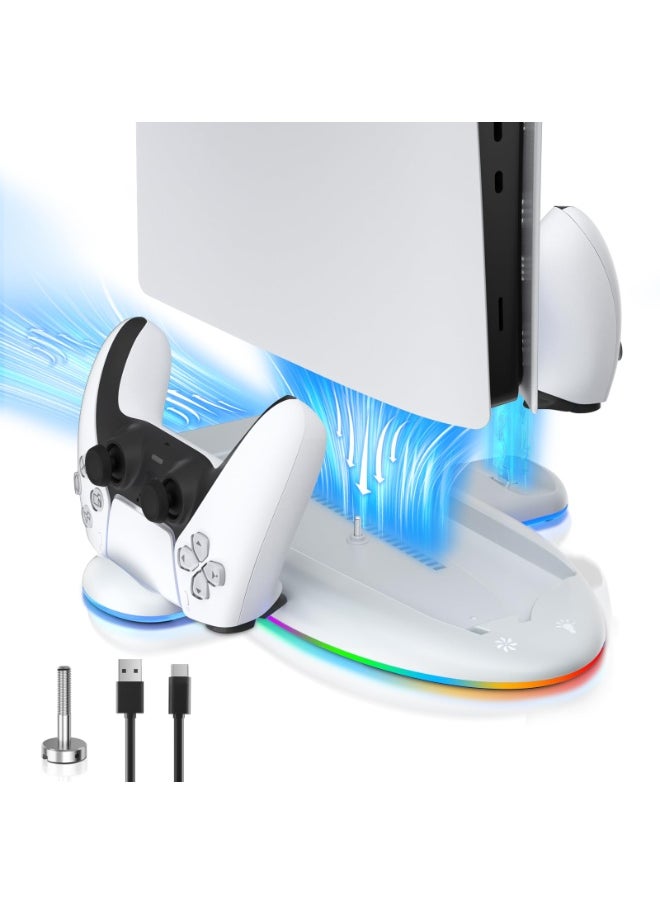 DOBE - Stand for PS5 Slim with Cooling Fan & RGB Lighting, Controller Charging Station compatible with PS5 slim Controller and Elite Version, Console Accessory with Screw for PS5 Slim - Image 1
