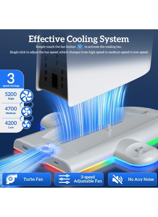 DOBE - Stand for PS5 Slim with Cooling Fan & RGB Lighting, Controller Charging Station compatible with PS5 slim Controller and Elite Version, Console Accessory with Screw for PS5 Slim - Image 1