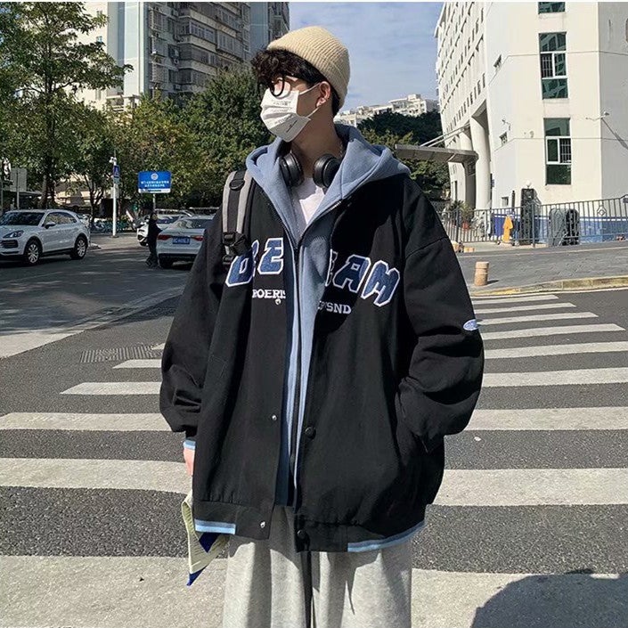 2021 Hong Kong Style New Men's Japanese Style Fashionable Fake Two-piece Letter Baseball Suit Coat Couple's Hooded Jacket Top - Image 1