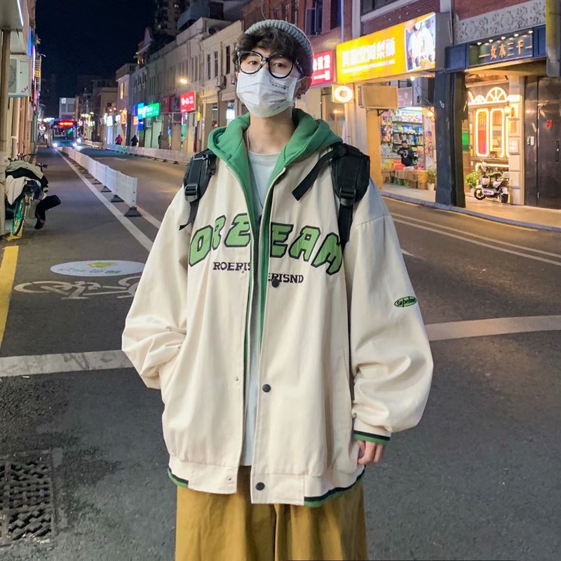 2021 Hong Kong Style New Men's Japanese Style Fashionable Fake Two-piece Letter Baseball Suit Coat Couple's Hooded Jacket Top - Image 4
