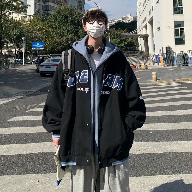 2021 Hong Kong Style New Men's Japanese Style Fashionable Fake Two-piece Letter Baseball Suit Coat Couple's Hooded Jacket Top - Image 2