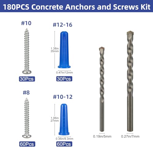VGBUY 180PCS Conical Concrete Anchors and Screws Assortment Kit, 90PCS Concrete Wall Anchors, 90PCS Self Tapping Screws for Masonry Stucco Brick Cement Cinder Block Tile, with 2PCS Drill Bit - Image 4