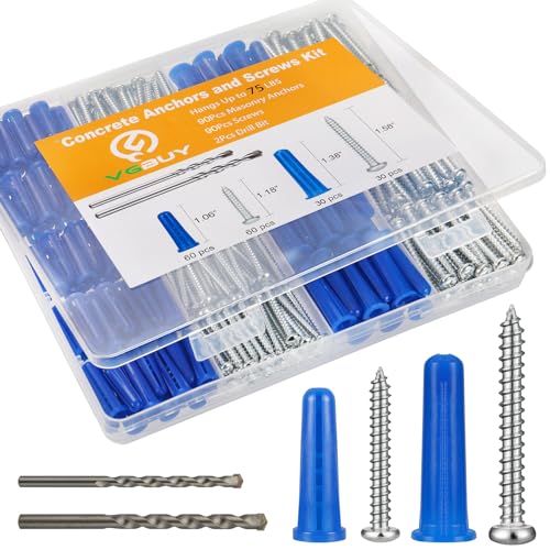 VGBUY 180PCS Conical Concrete Anchors and Screws Assortment Kit, 90PCS Concrete Wall Anchors, 90PCS Self Tapping Screws for Masonry Stucco Brick Cement Cinder Block Tile, with 2PCS Drill Bit - Image 1