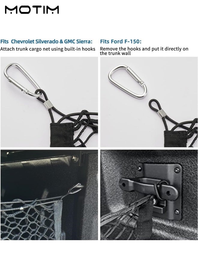 Motim - Truck Cargo Net, 140*40 cm, Trunk Organizers and Storage Net with 4 Metal Hooks, Fit for SUV, Large Pick-up Trucks, Silverado 2013 to 2022 GMC Sierra 2013 to 2022 and Ford F150 2015 to 2022 - Image 1