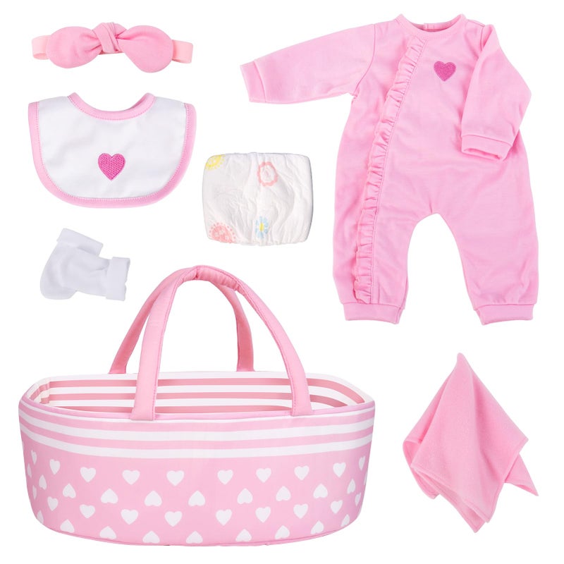 Aori 7 Pcs Reborn Baby Dolls Clothes Set with Pink Bassinet for 1722 Inch Baby Doll Carrier Bed and Baby Doll Clothes Outfit Accessories fit Newborn Baby Girl - Image 3