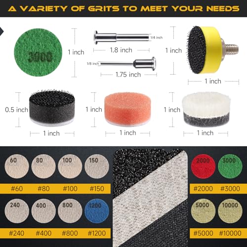 GOH DODD 188 PCS 1 Inch Sanding Discs, GOH DODD Hook and Loop 60 to 10000 Grit Wet Dry Sandpaper Micro Sand Paper with 1/8" 1/4" Shank, Backing Pad, Polishing Pads, Foam Pads for Auto Metal Glass Resin Wood - Image 2