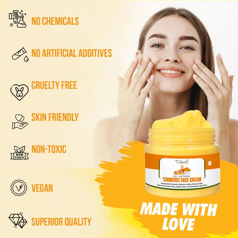 Erbaid Turmeric Face Cream for Face & Body - All Natural Turmeric Skin Brightening Lotion - Turmeric Cleanses Skin, Fights Acne, Evens Tone, Fades Scars, Sun Damage Made in the USA 2 Oz - Image 3