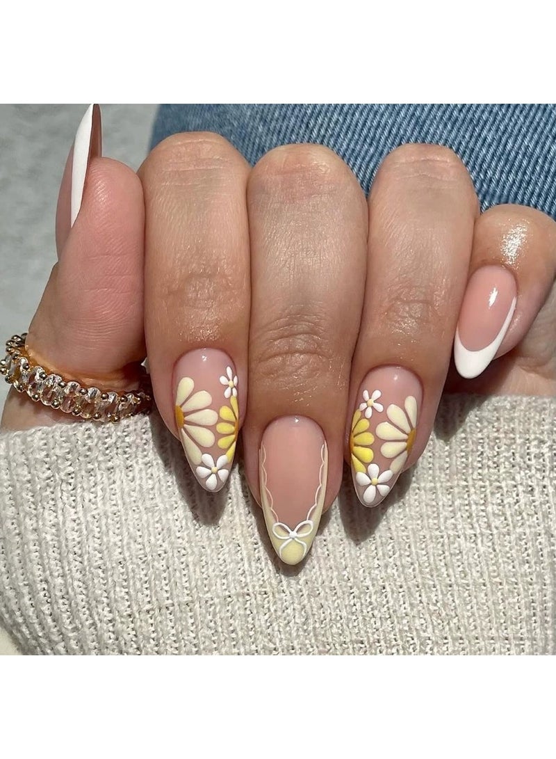 Goolsky أظافر لوزية قابلة للتثبيت من اللوز الفاخر مع زهور الأقحوان الصفراء الكريمية ورباط للستايل البريء واللطيف - Image 1