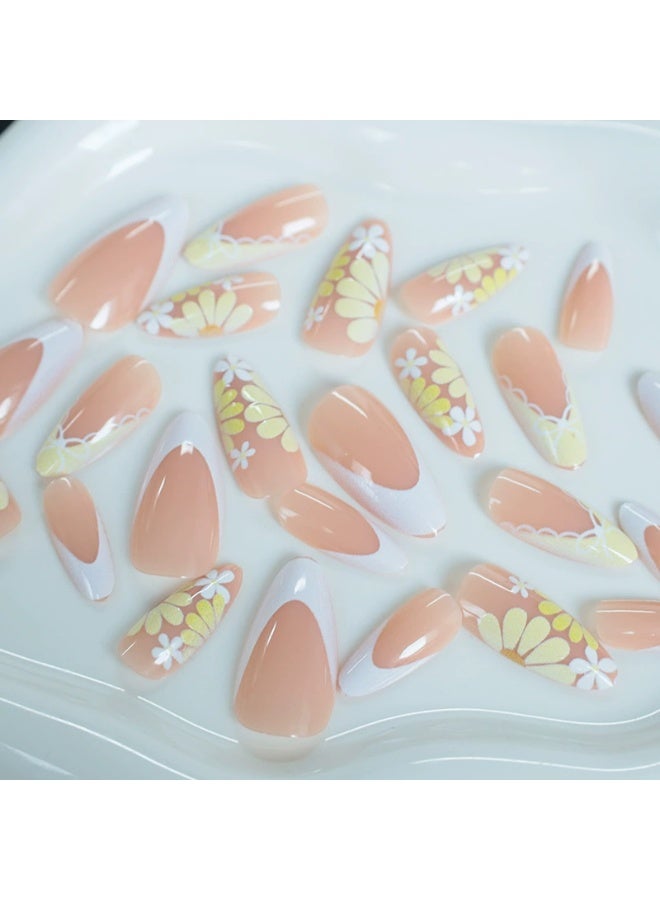 Goolsky أظافر لوزية قابلة للتثبيت من اللوز الفاخر مع زهور الأقحوان الصفراء الكريمية ورباط للستايل البريء واللطيف - Image 2