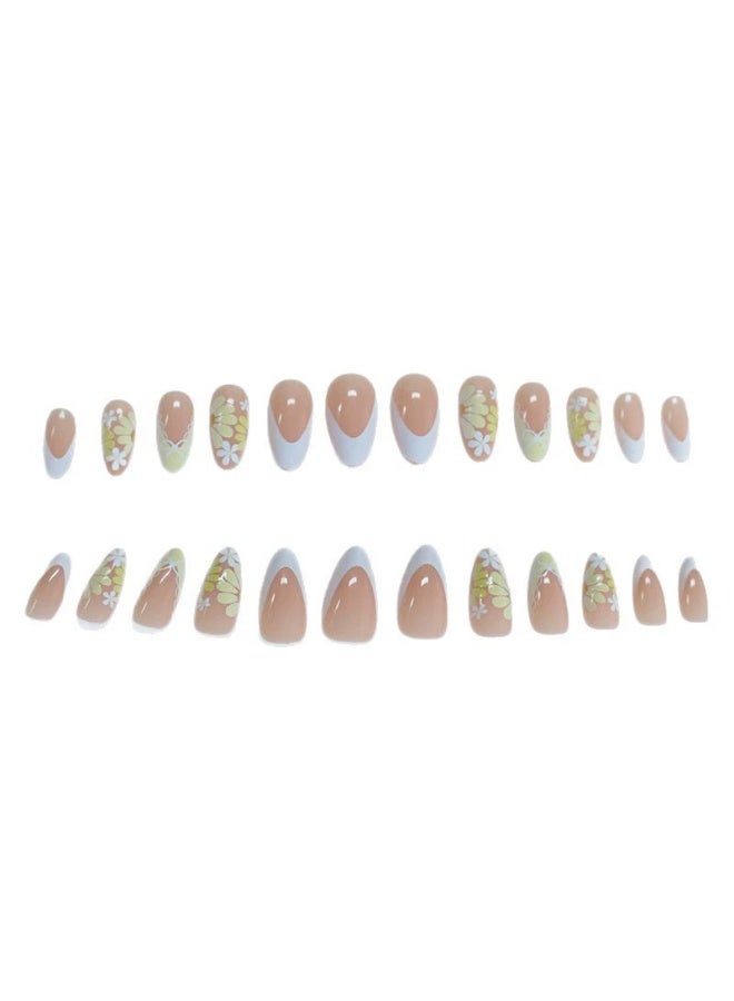 Goolsky أظافر لوزية قابلة للتثبيت من اللوز الفاخر مع زهور الأقحوان الصفراء الكريمية ورباط للستايل البريء واللطيف - Image 3