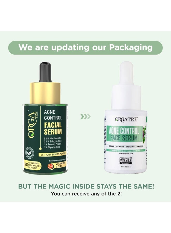 Orgatre Acne Control Face Serum for Oily Skin with Niacinamide, Salicylic Acid & Glycolic Acid | Clears Acne, Reduces Blemishes & Oil | Non-Sticky, Fast Absorbing | 30ml with Dropper - Image 4