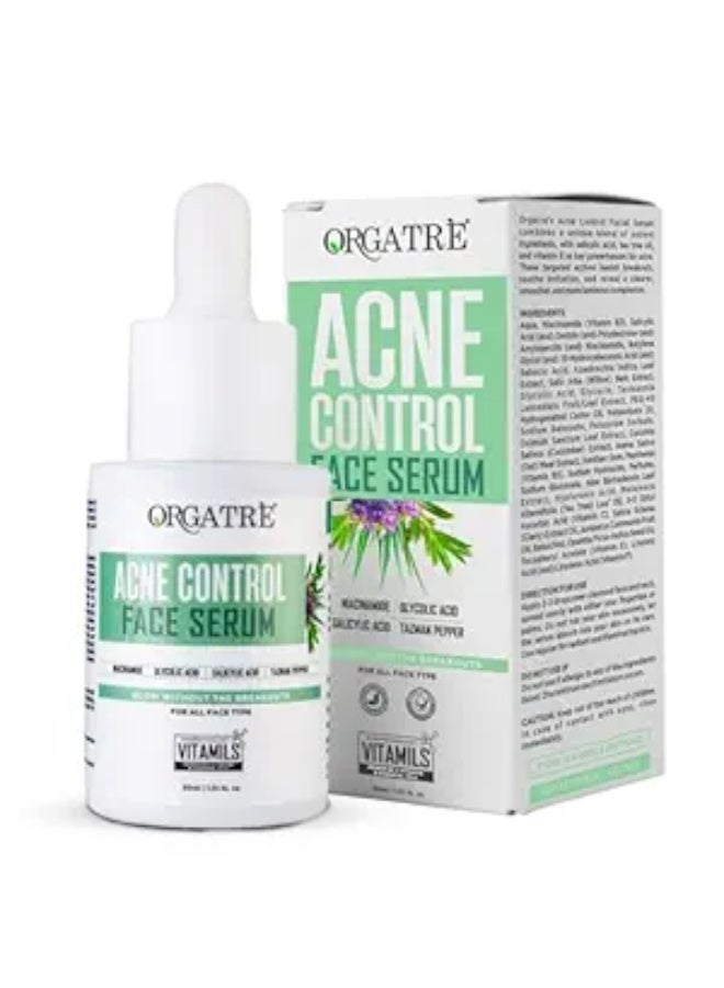 Orgatre Acne Control Face Serum for Oily Skin with Niacinamide, Salicylic Acid & Glycolic Acid | Clears Acne, Reduces Blemishes & Oil | Non-Sticky, Fast Absorbing | 30ml with Dropper - Image 1