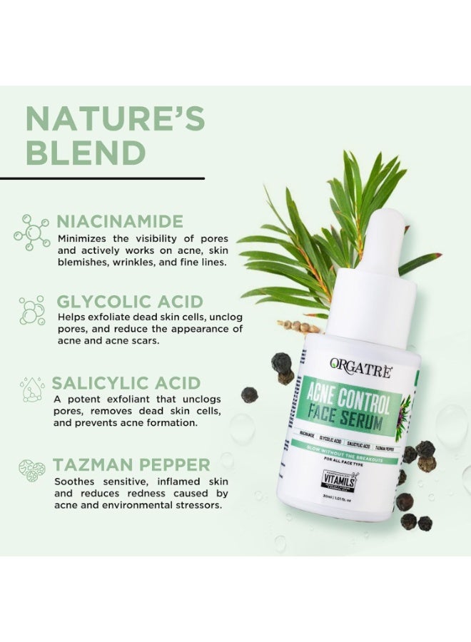 Orgatre Acne Control Face Serum for Oily Skin with Niacinamide, Salicylic Acid & Glycolic Acid | Clears Acne, Reduces Blemishes & Oil | Non-Sticky, Fast Absorbing | 30ml with Dropper - Image 2