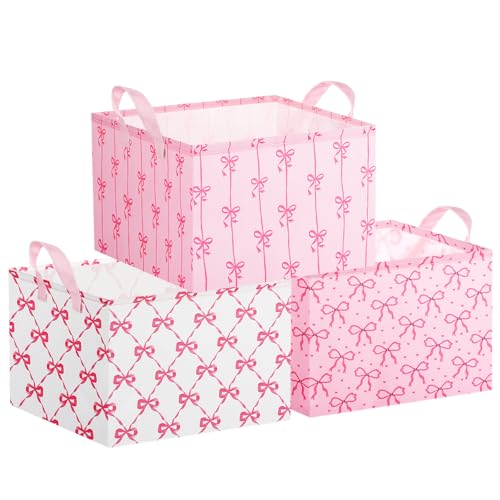 Geelin 3 Pcs Pink Bow Storage Baskets Foldable Cute Pink Storage Bins with Handles Coquette Preppy Girly Organizer Boxes for Closet Shelf Nursery Bedroom Decorative Room Decor - Image 1
