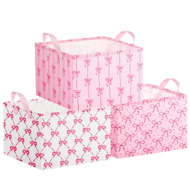 Geelin 3 Pcs Pink Bow Storage Baskets Foldable Cute Pink Storage Bins with Handles Coquette Preppy Girly Organizer Boxes for Closet Shelf Nursery Bedroom Decorative Room Decor - Image 2