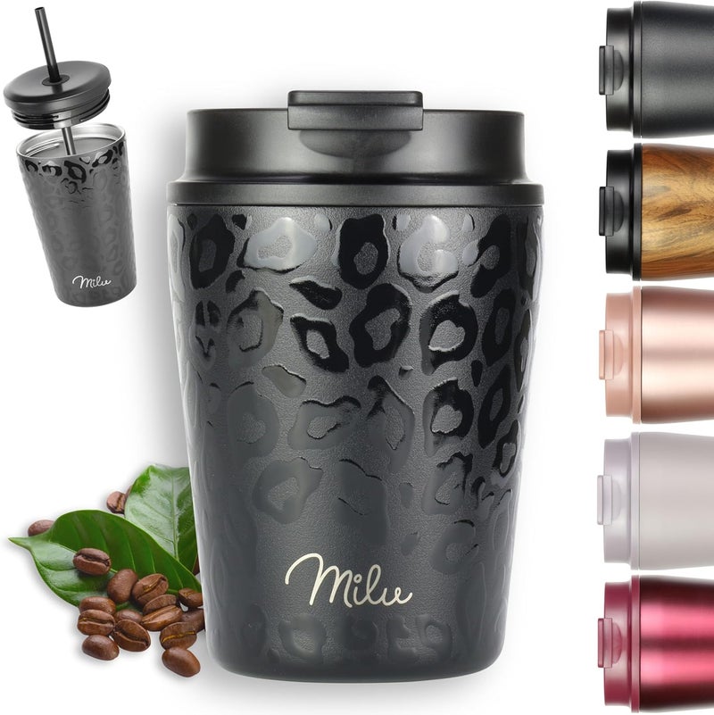 Milu Thermal Mug 300 ml, 400 ml, 500 ml - 100% Leak-Proof - Stainless Steel Coffee Mug to Go Insulated with Straw Keeps Hot for 10 Hours/Cold 20 Hours, BPA-Free (Black Leopard, 300 ml) - Image 1