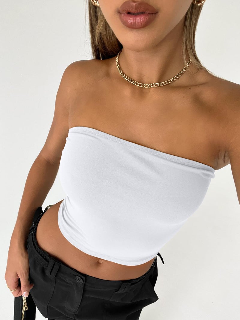 AUTOMET Tube Tops Strapless Crop Tops Basic Backless Sleeveless Bandeau Going Out Cute Summer Clothes Spring Outfits 2026 White S - Image 3