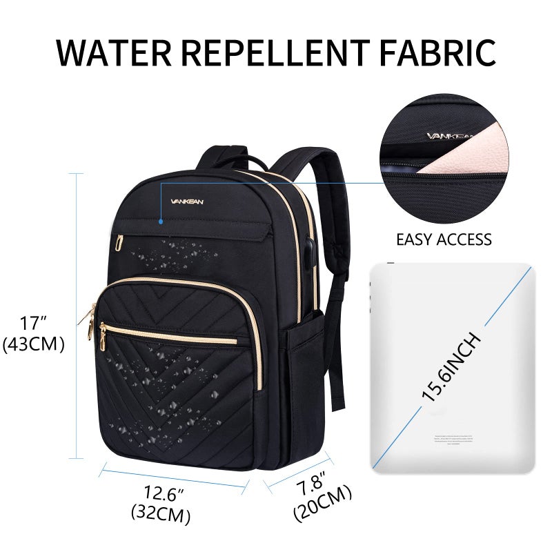 VANKEAN 15.6 Inch Laptop Backpack for Women Men Work Bag Fashion with USB Port, Waterproof Backpacks Nurse Stylish Travel Bags Casual Daypacks for College, Business, Black - Image 2
