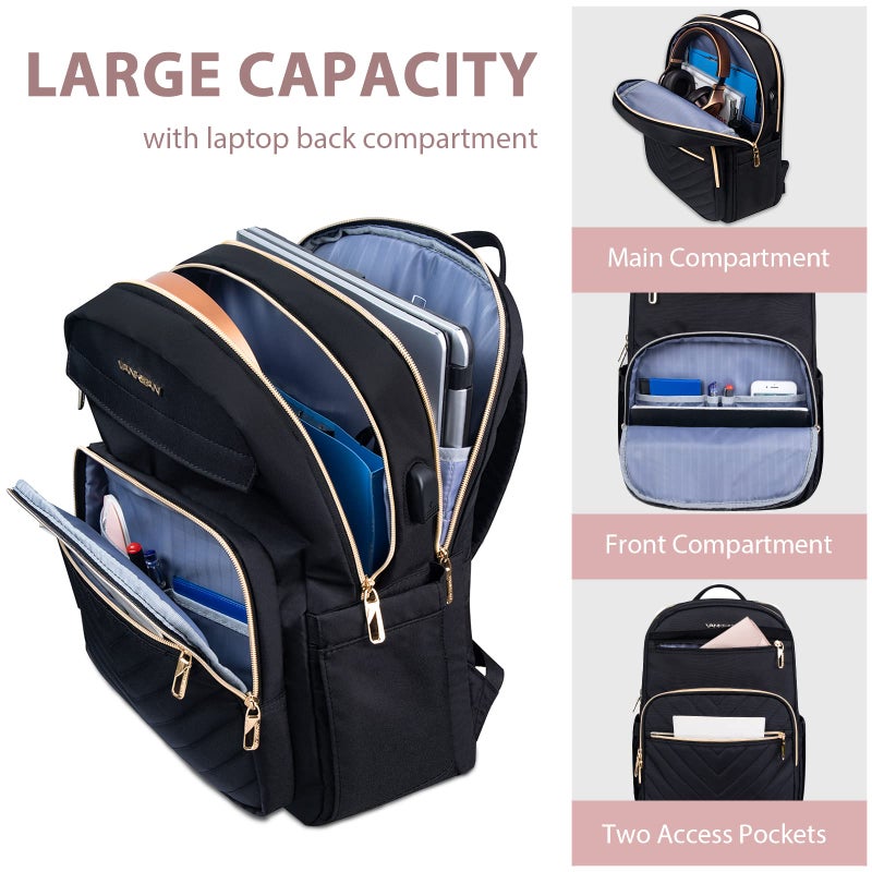 VANKEAN 15.6 Inch Laptop Backpack for Women Men Work Bag Fashion with USB Port, Waterproof Backpacks Nurse Stylish Travel Bags Casual Daypacks for College, Business, Black - Image 5