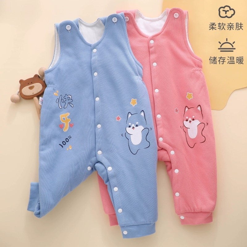Baby Thin Cotton Suspender Pants Male And Female Baby Outer Wear Belly Protection Closed Crotch Snap-On Jumpsuit Children'S Cotton Pants - Image 1