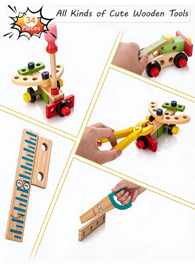 Wooden Tool Kit for Kids: Wooden Tool Box with 35-Piece Wooden Tool Kit for Educational Construction, Building Toy Set, Creative DIY Gift Idea for Toddlers, Boys and Girls - Image 3