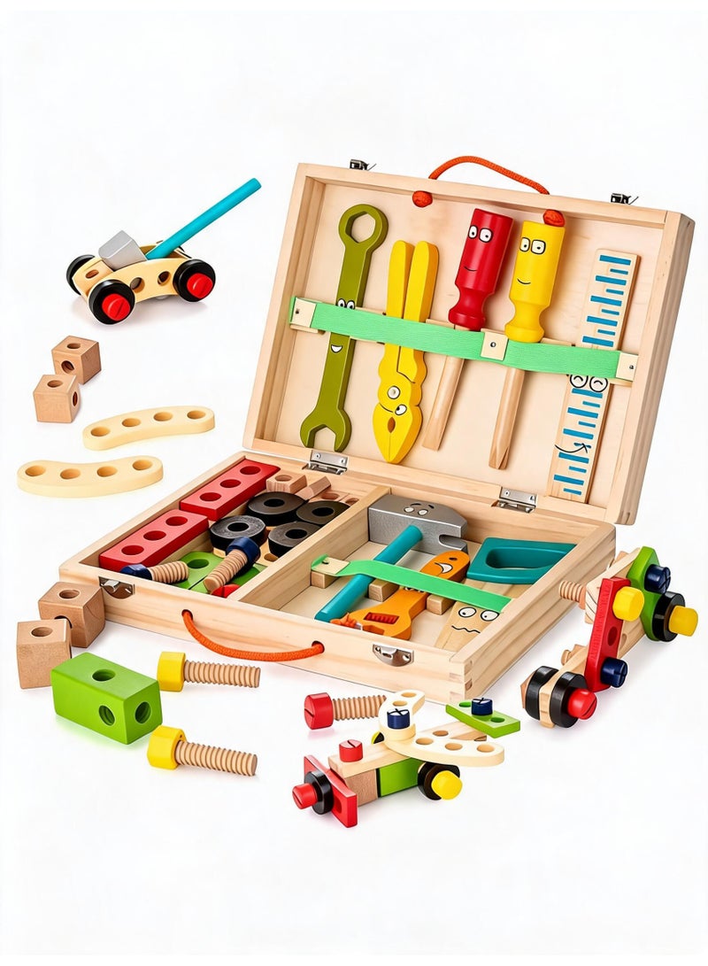 Wooden Tool Kit for Kids: Wooden Tool Box with 35-Piece Wooden Tool Kit for Educational Construction, Building Toy Set, Creative DIY Gift Idea for Toddlers, Boys and Girls - Image 1