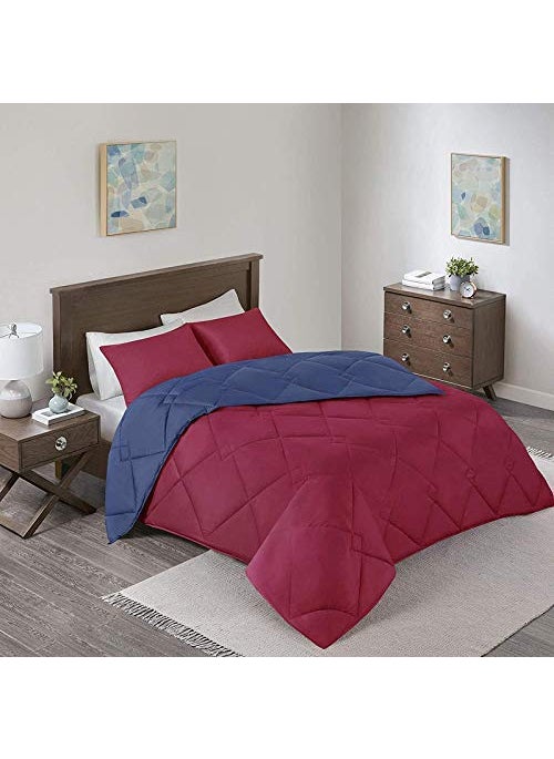 Linenovation Linenovation All Season Microfiber Reversable DuvetAC ComforterQuilt Navy Blue Maroon Single Size 60 Inch x 90 Inch  - Image 1