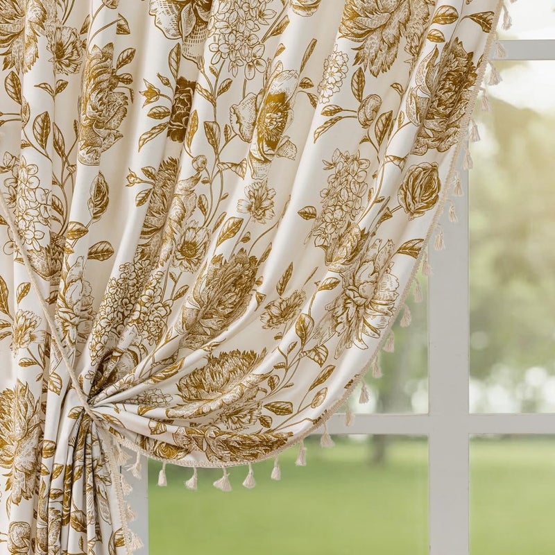 F-CHU Farmhouse Floral Curtains 84 Inch Length for Living Room Bedroom 2 Panels Cotton Linen Curtains Brown Patterned Flower Boho Rustic Window Drapes 55x84 - Image 1
