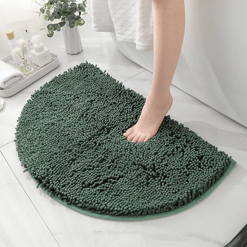 HYFAN Half Round Microfiber Chenille Non-Slip Bathroom Bath Rug Super Absorbent Quick Drying Shower Mat Soft Shaggy Bathtub Rugs Machine Washable Semi Circle Floor Decor Mat (Green  40-60cm) - Image 1