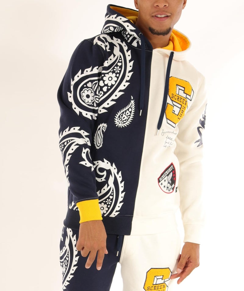 SCREENSHOT-H11356 Mens Streetwear Premium Urban Fleece Hoodie - Half Paisley Pattern Bandana Embroidery Patch Fashion Hooded Pullover Sweatshirt-Navy-2XLarge - Image 2