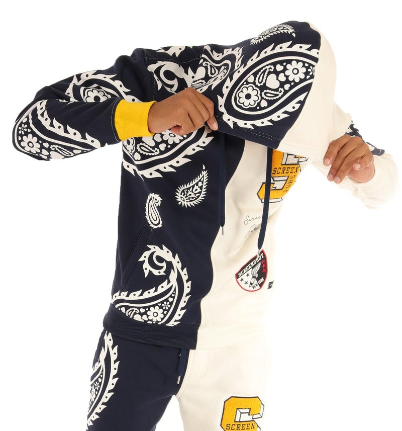 SCREENSHOT-H11356 Mens Streetwear Premium Urban Fleece Hoodie - Half Paisley Pattern Bandana Embroidery Patch Fashion Hooded Pullover Sweatshirt-Navy-2XLarge - Image 1