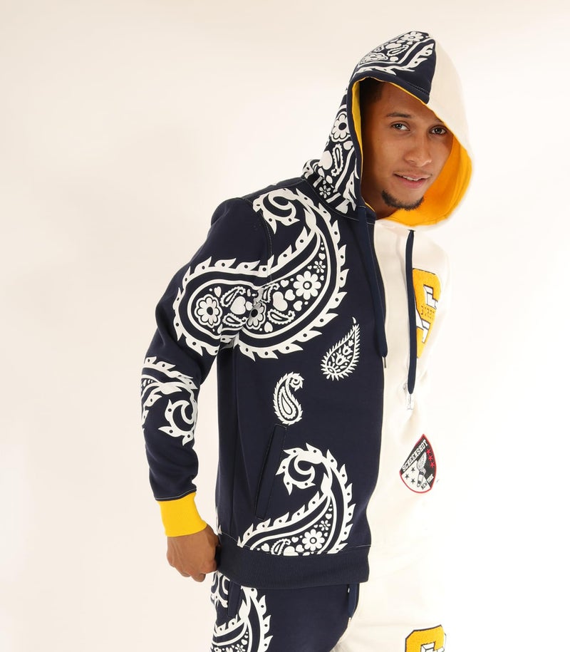 SCREENSHOT-H11356 Mens Streetwear Premium Urban Fleece Hoodie - Half Paisley Pattern Bandana Embroidery Patch Fashion Hooded Pullover Sweatshirt-Navy-2XLarge - Image 3