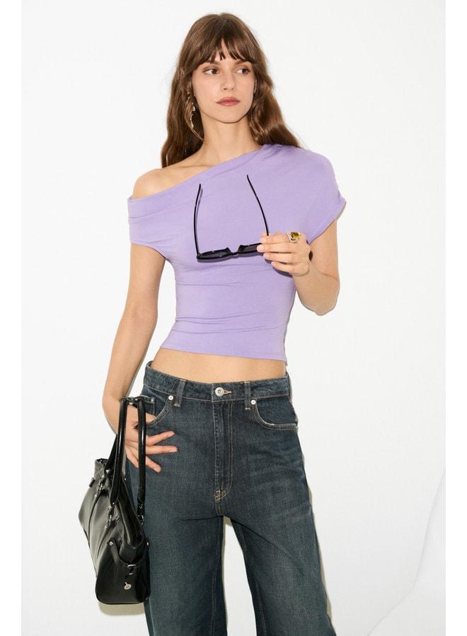 Ethiquet AZURAN Women's Soft and Stretch Fabric Single-Shoulder Open Blouse with Ruffle Detail, Body-Fitting Lilac. - Image 3