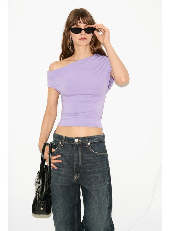 Ethiquet AZURAN Women's Soft and Stretch Fabric Single-Shoulder Open Blouse with Ruffle Detail, Body-Fitting Lilac. - Image 1