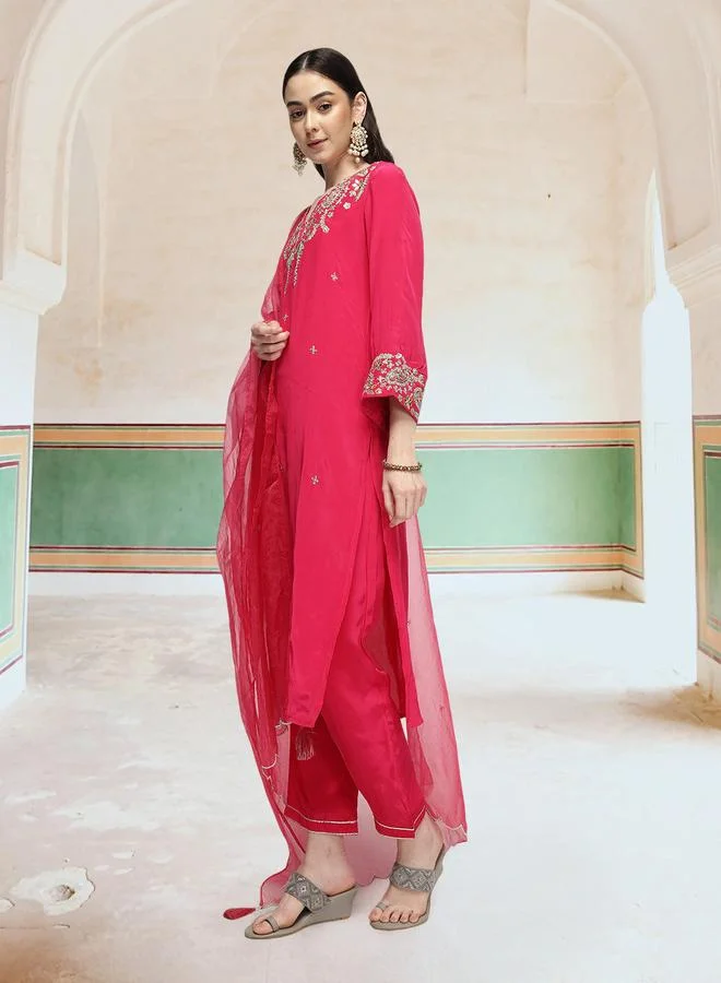 ISHIN Women's Pink Poly Crepe Printed Tunic Top With Ankle Palazzo Straight 3 Peice Kurta Set