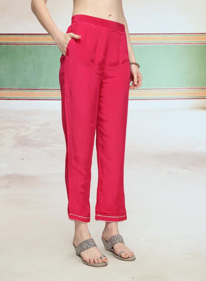 ISHIN Women's Pink Poly Crepe Printed Tunic Top With Ankle Palazzo Straight 3 Peice Kurta Set - Image 3