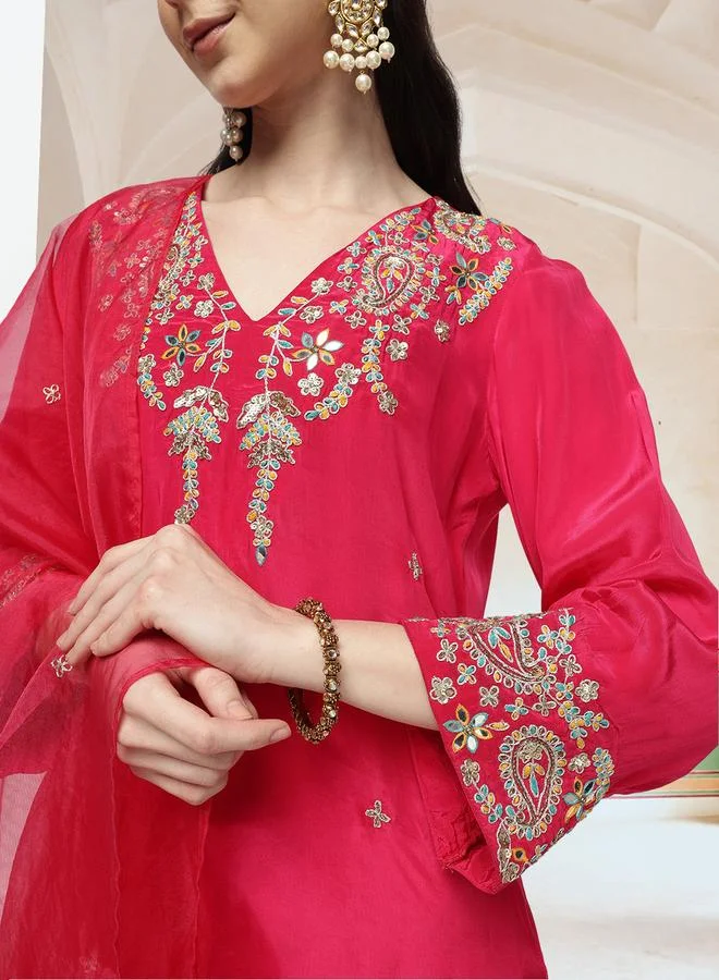 ISHIN Women's Pink Poly Crepe Printed Tunic Top With Ankle Palazzo Straight 3 Peice Kurta Set