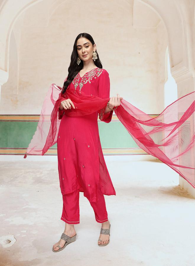 ISHIN Women's Pink Poly Crepe Printed Tunic Top With Ankle Palazzo Straight 3 Peice Kurta Set - Image 2