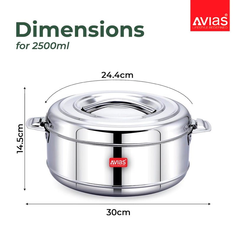 AVIAS Astra Double Wall Insulated Stainless Steel Casserole 2500ml Hot Box for Kitchen Hot Case with Steel Lid Silver Hot Pot for RotiRiceGravy Chapathi Box Twisted Lock 25L - Image 4