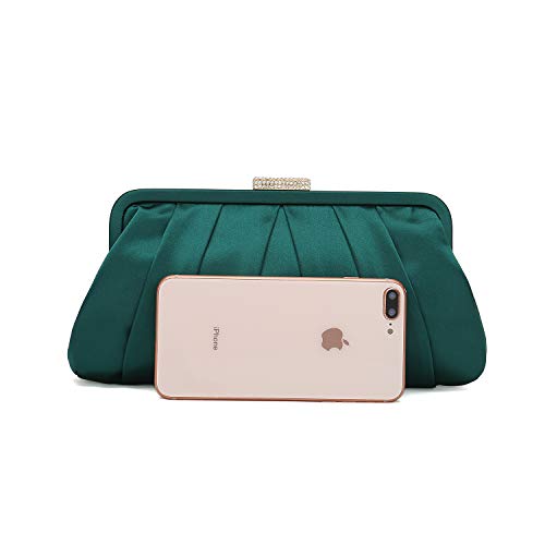 CHARMING TAILOR Classic Pleated Satin Clutch Bag Diamante Embellished Formal Handbag for Wedding/Prom/Black-Tie Events (Emerald Green) - Image 3