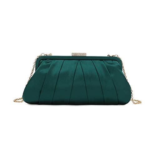 CHARMING TAILOR Classic Pleated Satin Clutch Bag Diamante Embellished Formal Handbag for Wedding/Prom/Black-Tie Events (Emerald Green) - Image 1
