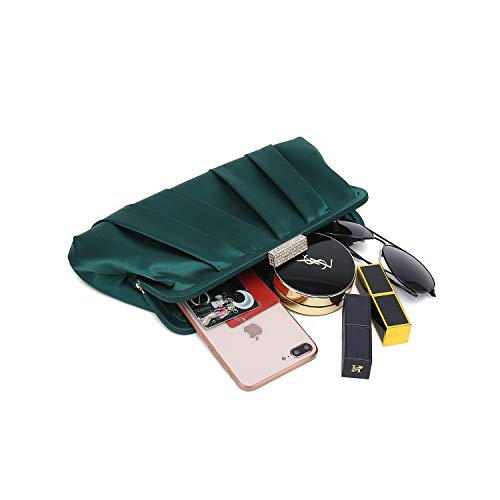 CHARMING TAILOR Classic Pleated Satin Clutch Bag Diamante Embellished Formal Handbag for Wedding/Prom/Black-Tie Events (Emerald Green) - Image 4